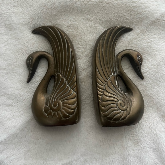 Rare Vintage Solid Cast Brass Swan Bookends - Set of 2 Art Deco Style